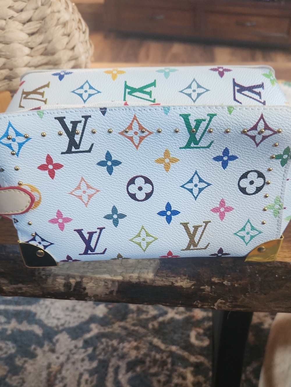 Fashion to Figure White Multicolor Monogram Cosmetic Pouch